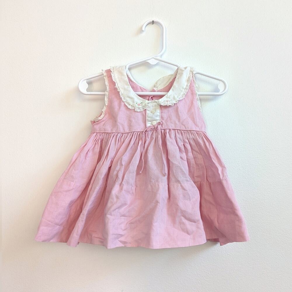 Vtg Dress 6-9m Pink Gingham Cottagecore Embroidered Dainty